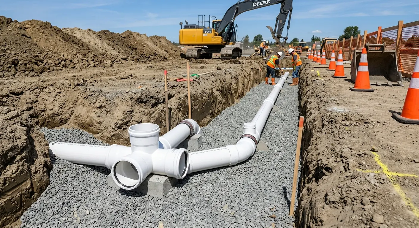 New PVC sewer pipe installation in open trench for Commercial Drain Cleaning in Philipstown