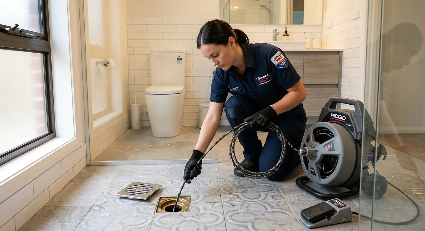 Technician clearing a bathroom floor drain for Clogged Drain Repair in Philipstown